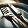 Knife and fork rest on white ceramic plate, in close-up place setting Royalty Free Stock Photo