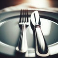 Knife and fork rest on white ceramic plate, in close-up place setting Royalty Free Stock Photo