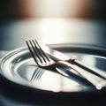 Knife and fork rest on white ceramic plate, in close-up place setting Royalty Free Stock Photo