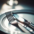 Knife and fork rest on white ceramic plate, in close-up place setting Royalty Free Stock Photo