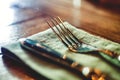 Knife and fork set on a wooden vintage table. Selective Focus Royalty Free Stock Photo