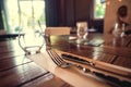 Knife and fork set on a wooden vintage table. Selective Focus Royalty Free Stock Photo