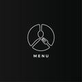 Knife, fork and spoon contour icon. Restaurant lineart logo template. Outline round graphic for menu. Modern emblem idea