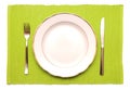 Knife, fork and white plate on a green napkin Royalty Free Stock Photo