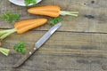 Knife and fresh sliced carrot on wooden background Royalty Free Stock Photo
