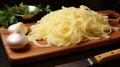 Artistic Pasta Board With Garlic: Layered Fibers And Precisionist Lines