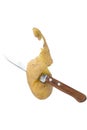 Knife peeled potatoes on a white background. Cleaning potatoes