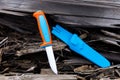 Knife with plastic handle. Bright multi-colored handle. Royalty Free Stock Photo