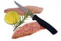 Knife on raw red mullet fillets with a lemon slice and rosemary close-up on white background