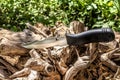 Knife on the roots of a cut tree trunk in the forest Royalty Free Stock Photo