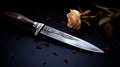 Knife with a sharp blade on a black background with a flower