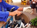 Knife sharpener down the street Royalty Free Stock Photo