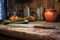 knife and sharpening stone on a rustic wooden table with kitchen background Royalty Free Stock Photo