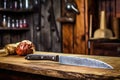 knife and sharpening stone on a rustic wooden table with kitchen background Royalty Free Stock Photo