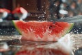 A knife slices through a vibrant watermelon, revealing the succulent fruit inside. The juicy goodness spills out as the