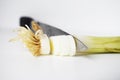 A knife is slicing a leek with small roots into four slices