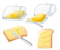knife spreading butter or margarine on slice of toast bread and bar of butter, flat design Web site page and mobile app des