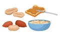 Knife Spreading Peanut Butter on Bread Slice and Salty Nuts in Bowl Vector Set