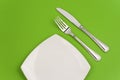 Knife, square white plate, fork on green top view