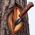 A knife stuck into a tree.