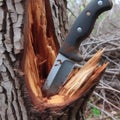 A knife stuck into a tree trunk.