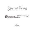 Knife types, clam, vector outline illustration with inscription