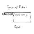 Knife types, cleaver, vector outline illustration with inscription