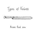Knife types, frozen food saw, vector outline illustration with inscription