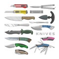 Knife vector penknife steel tool metal blade cutting equipment illustration set of pocket-knife metallic chopping-knife