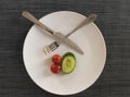 Knife, white plate and fork on gray background. A liittle of vegetables on the plate, diet