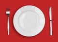 Knife, white plate and fork on red background