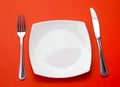 Knife, white plate and fork on red top view