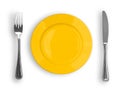 Knife, yellow plate and fork isolated top view Royalty Free Stock Photo