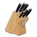 Knifes and kitchen scissors in a wooden stand. Hardened steel: chef knife, versatile and for slicing fruits and vegetables. For