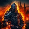 Knight in armor against the background of fire, metal armor of a military theme. Game character in the style of dark souls Royalty Free Stock Photo