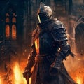 Knight in armor against the background of fire, metal armor of a military theme. Game character in the style of dark souls Royalty Free Stock Photo