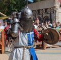 Knight in armor fighting with sword and shield