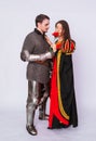 Knight in armor gives a young woman in a medieval dress a rose flower. Fantasy illustration for a book novel Royalty Free Stock Photo