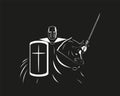A knight in armor with a shield and a sword on a horse. Vector illustration in the style of black and white graphics. Royalty Free Stock Photo