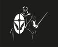 A knight in armor with a shield and a sword on a horse. Vector illustration in the style of black and white graphics. Royalty Free Stock Photo