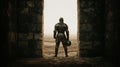 Knight In Armor Standing In Castle Doorway. Medieval Warrior Ready For Battle Royalty Free Stock Photo