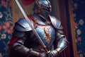 A knight in armor standing guard of the palace background. Medieval and Crusades war concept. Generative AI