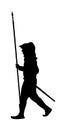 Knight in armor, with sword, helmet and spear  silhouette illustration isolated on white background.  Medieval fighter Royalty Free Stock Photo