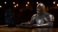 Knight in armor using computer in a medieval setting at night Royalty Free Stock Photo