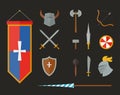 Knight armour with helmet, chest plate, shield and sword flat vector illustration isolated on white background. Royalty Free Stock Photo