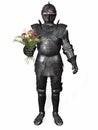 A knight in armour holding a bouquet.