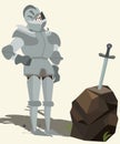 Knight in armour looking at sword in stone vector cartoon Royalty Free Stock Photo
