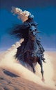 Knight in black armour charging through a desert dune, vintage fantasy fiction paperback style art. Generative AI