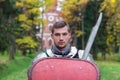 Knight  brave  young portrait soldier medieval fighter Royalty Free Stock Photo