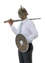Knight businessman wearing an helm and steel sword. Royalty Free Stock Photo